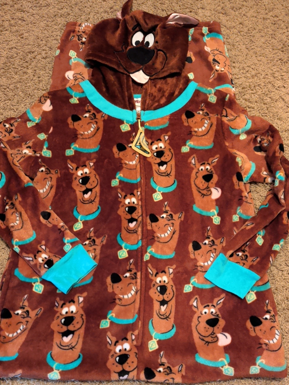 Scooby Doo One Piece Brown & Teal Hoodie Pajamas/Outfit Size Medium